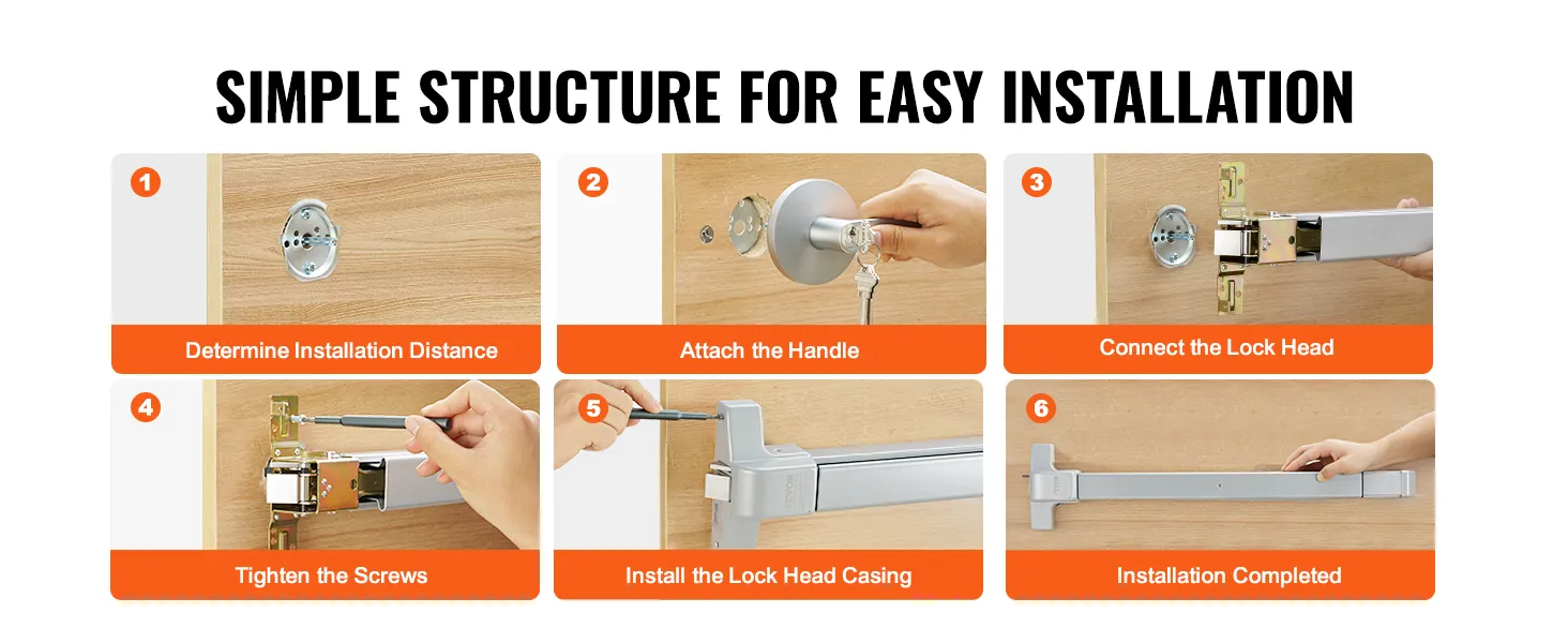 installation guide for VEVOR push bar door locks with six easy-to-follow steps for simplicity.