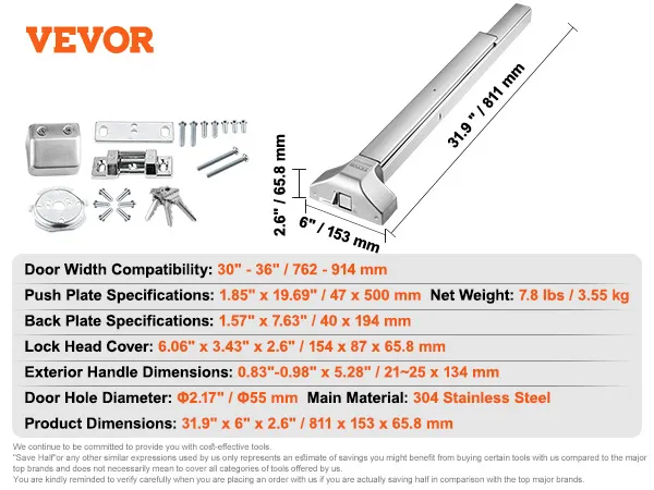 VEVOR panic exit device with 30"-36" door width compatibility, 304 stainless steel, 7.8 lbs, 31.9" length.