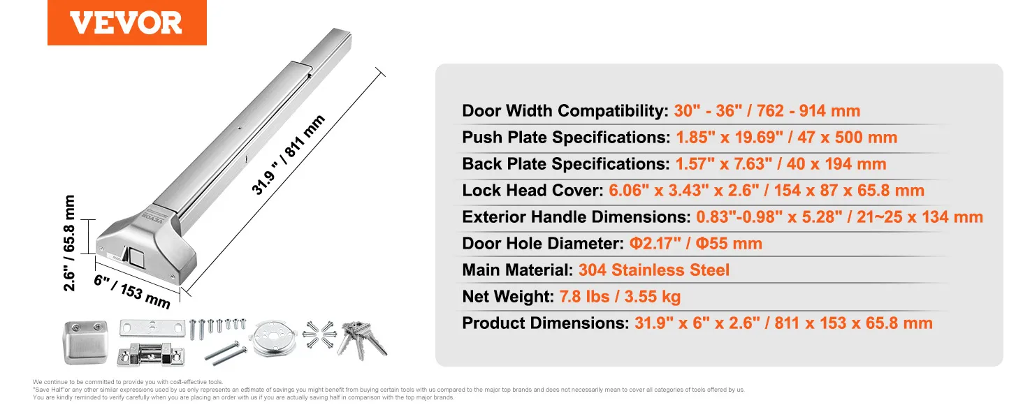 VEVOR panic exit device with 30"-36" door width compatibility, 304 stainless steel, 7.8 lbs, 31.9" length.