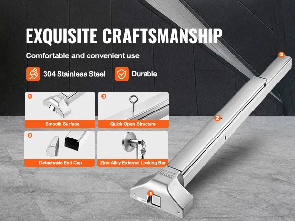 VEVOR panic exit device, 304 stainless steel, smooth surface, quick open structure, durable design.