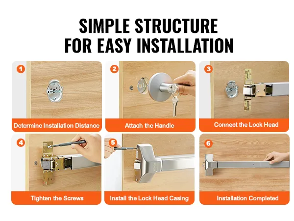 VEVOR panic exit device installation steps on wooden door: measure, attach handle, lock head, tighten screws.