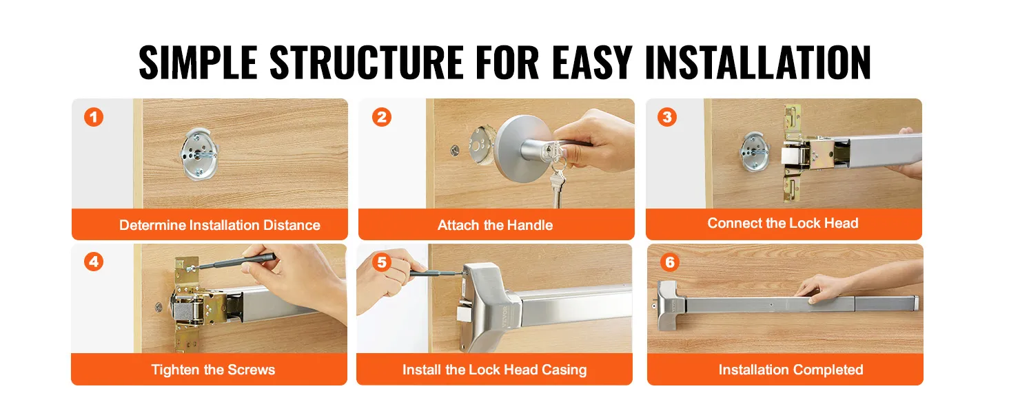 VEVOR panic exit device installation steps on wooden door: measure, attach handle, lock head, tighten screws.