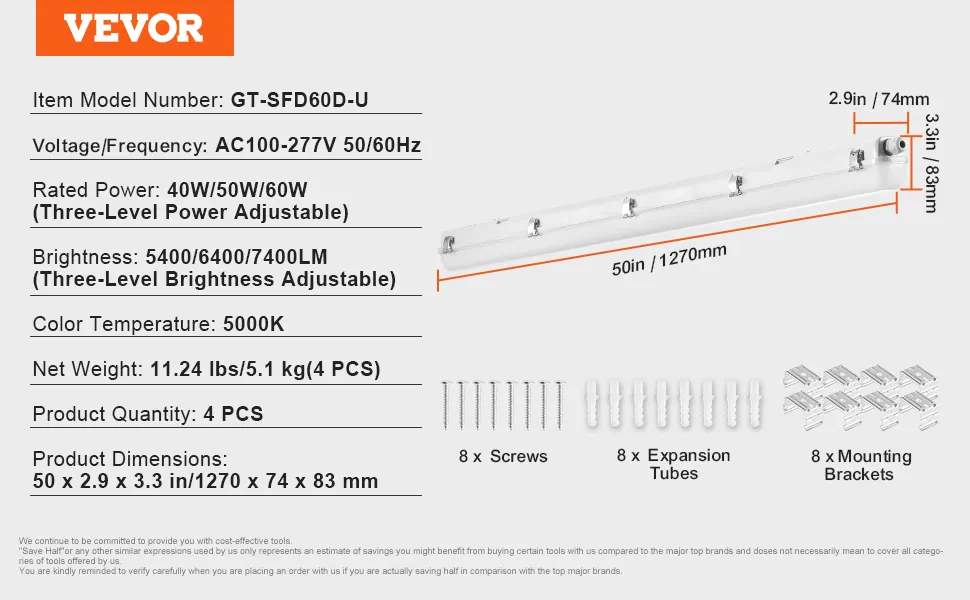 Especificaciones de la luz LED hermética al vapor VEVOR con temperatura de color de 5000k, potencia de 40w/50w/60w y hardware de instalación.
