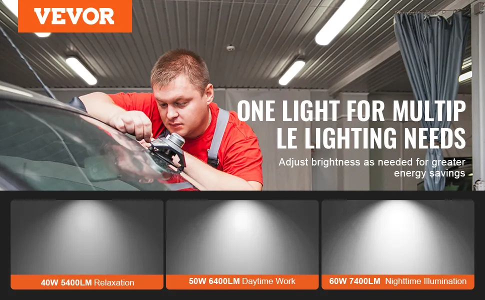 VEVOR led vapor tight light in use, showcasing 40w, 50w, and 60w options for various lighting needs.