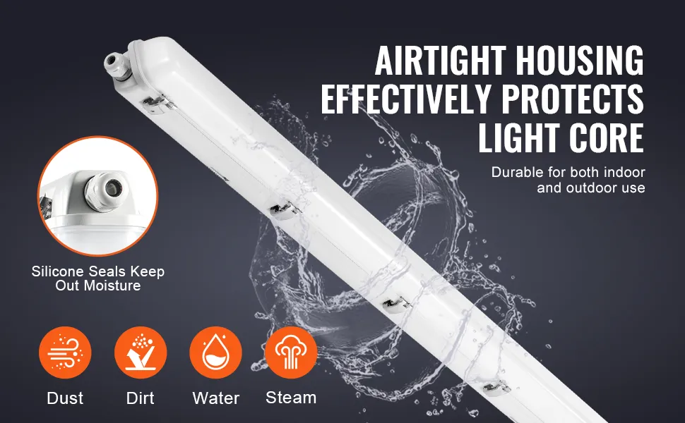 Luz LED VEVOR hermética al vapor con sellos de silicona, duradera para uso en interiores y exteriores, protege contra la humedad.