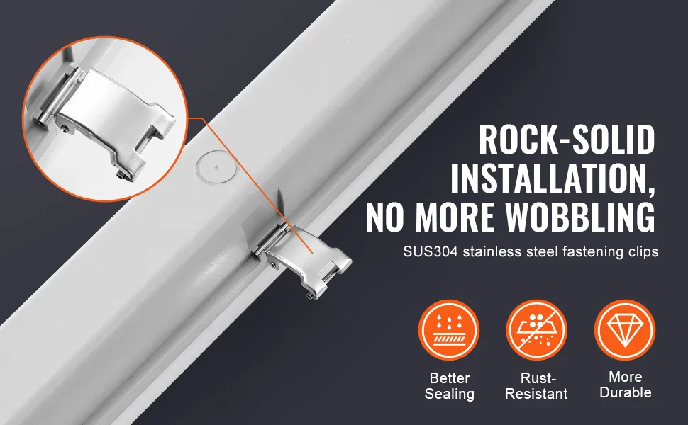 Luz LED hermética al vapor VEVOR que muestra clips de fijación de acero inoxidable SUS304 para una instalación segura.