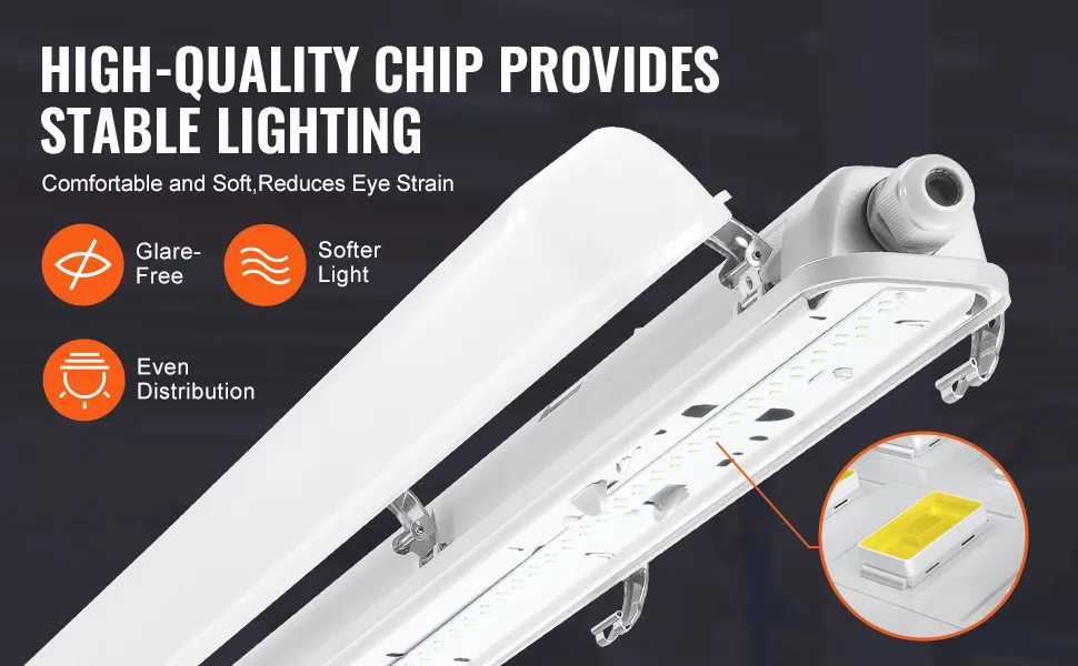Luz LED VEVOR hermética al vapor con chip de alta calidad, sin deslumbramiento, luz más suave y distribución uniforme.