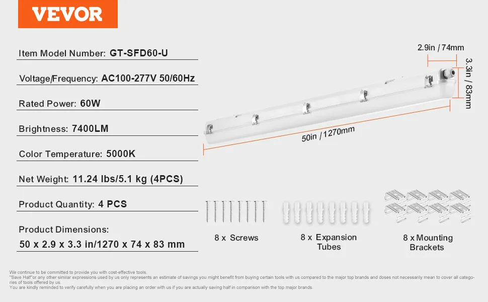 Especificaciones de la luz LED hermética al vapor VEVOR: 60 W, 7400 lm, 5000 K, CA 100-277 V, 50 pulgadas/1270 mm, paquete de 4 con tornillos.