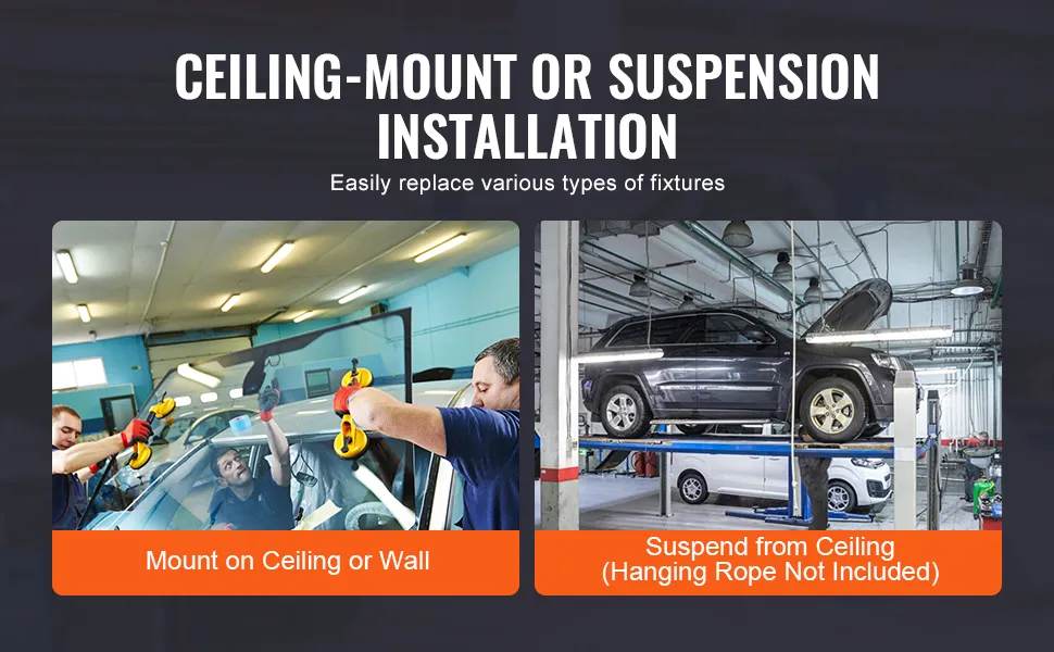 Opciones de instalación de la luz LED hermética al vapor VEVOR: montaje en techo o pared, suspensión del techo.