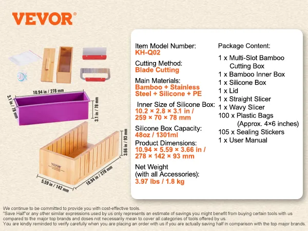 contents of the VEVOR soap making kit, including bamboo cutting box, slicers, silicone box, and accessories.