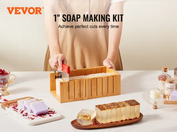 VEVOR 1" soap making kit in use on a kitchen counter with various ingredients.