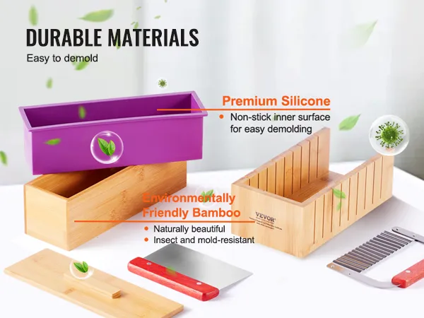 VEVOR soap making kit with bamboo molds and premium silicone, easy to demold, eco-friendly materials.