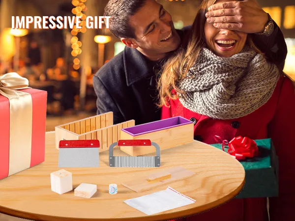 VEVOR soap making kit displayed with gift-wrapped box, bamboo molds, cutters, and soap bars for holiday season.