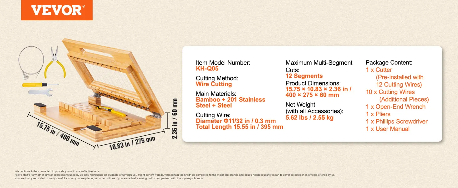 VEVOR soap cutter with accessories, dimensions, and specifications displayed on a beige background.