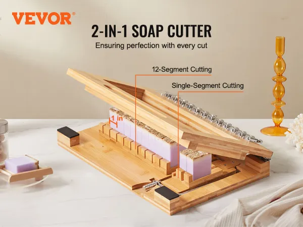 VEVOR soap cutter with wooden base, various cutting options, and soap accessories on marble counter.