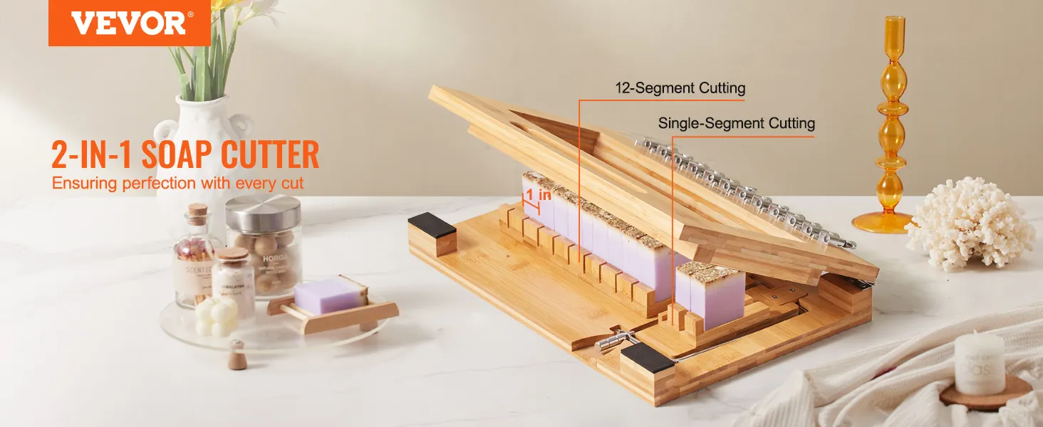 VEVOR soap cutter with wooden base, various cutting options, and soap accessories on marble counter.