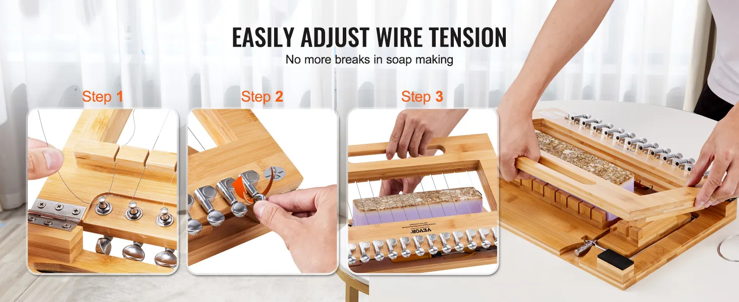 adjusting wire tension on the VEVOR soap cutter in three steps for smooth soap making.