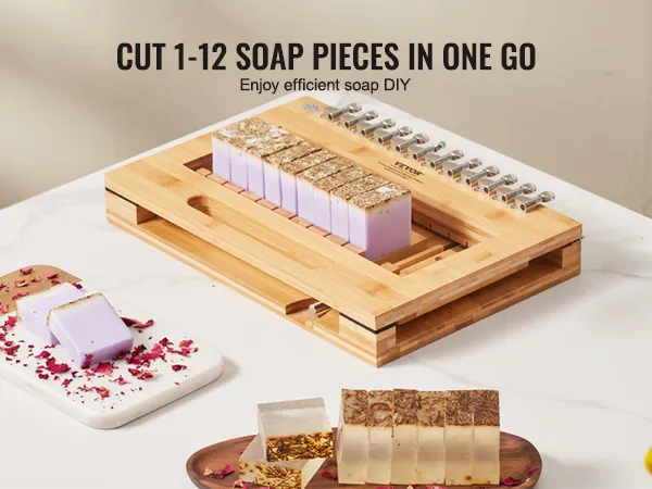 VEVOR soap cutter cutting a loaf of purple soap on a wooden table with flowers and scattered petals.