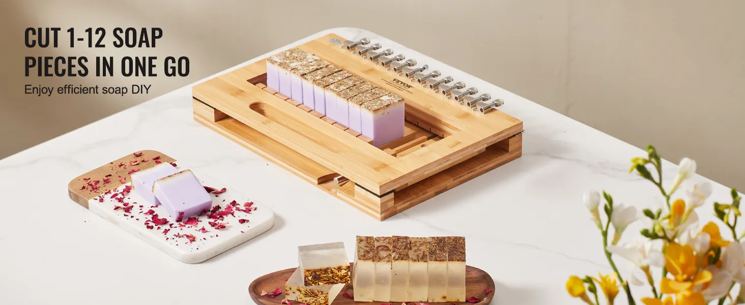 VEVOR soap cutter cutting a loaf of purple soap on a wooden table with flowers and scattered petals.