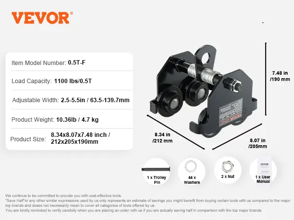 VEVOR manual trolley, 1100 lbs load capacity, adjustable width 2.5-5.5in, product weight 4.7kg.