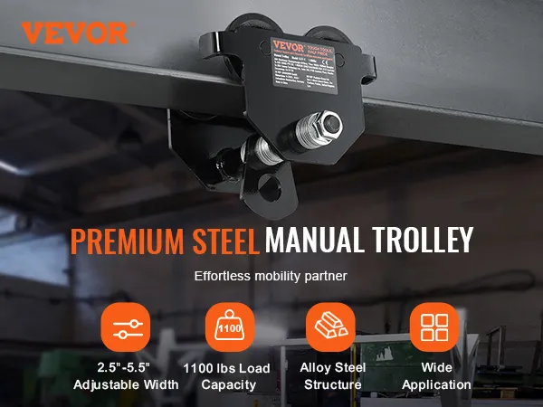 VEVOR manual trolley: premium steel, 2.5"-5.5" adjustable width, 1100 lbs load capacity, alloy steel.