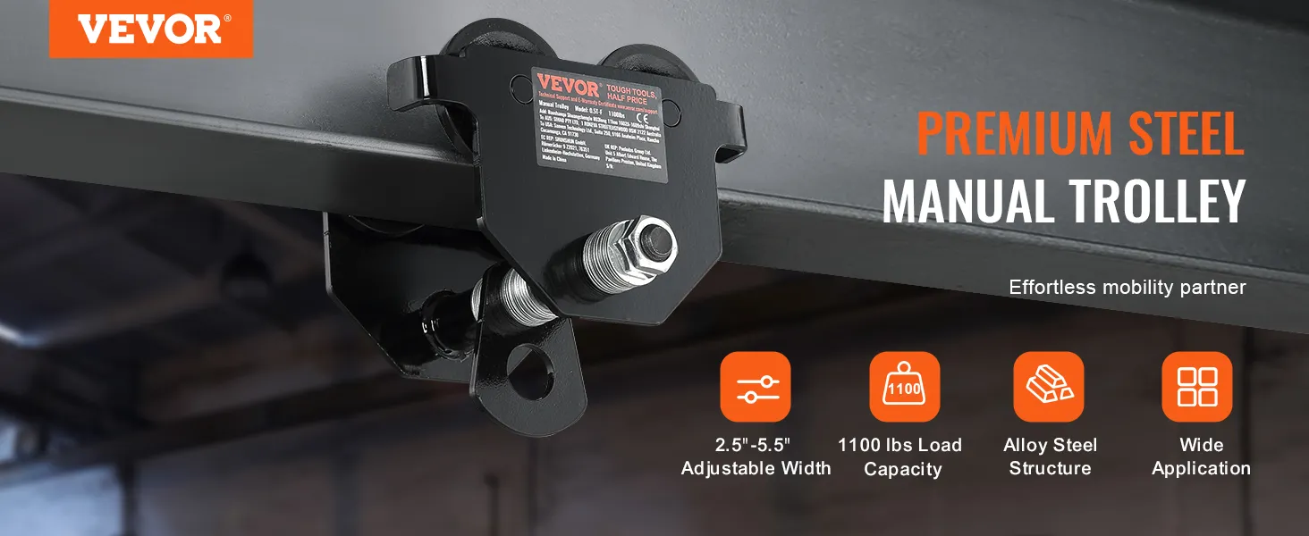 VEVOR manual trolley: premium steel, 2.5"-5.5" adjustable width, 1100 lbs load capacity, alloy steel.