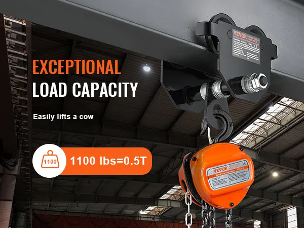 VEVOR manual trolley with 1100 lbs load capacity in an industrial warehouse.