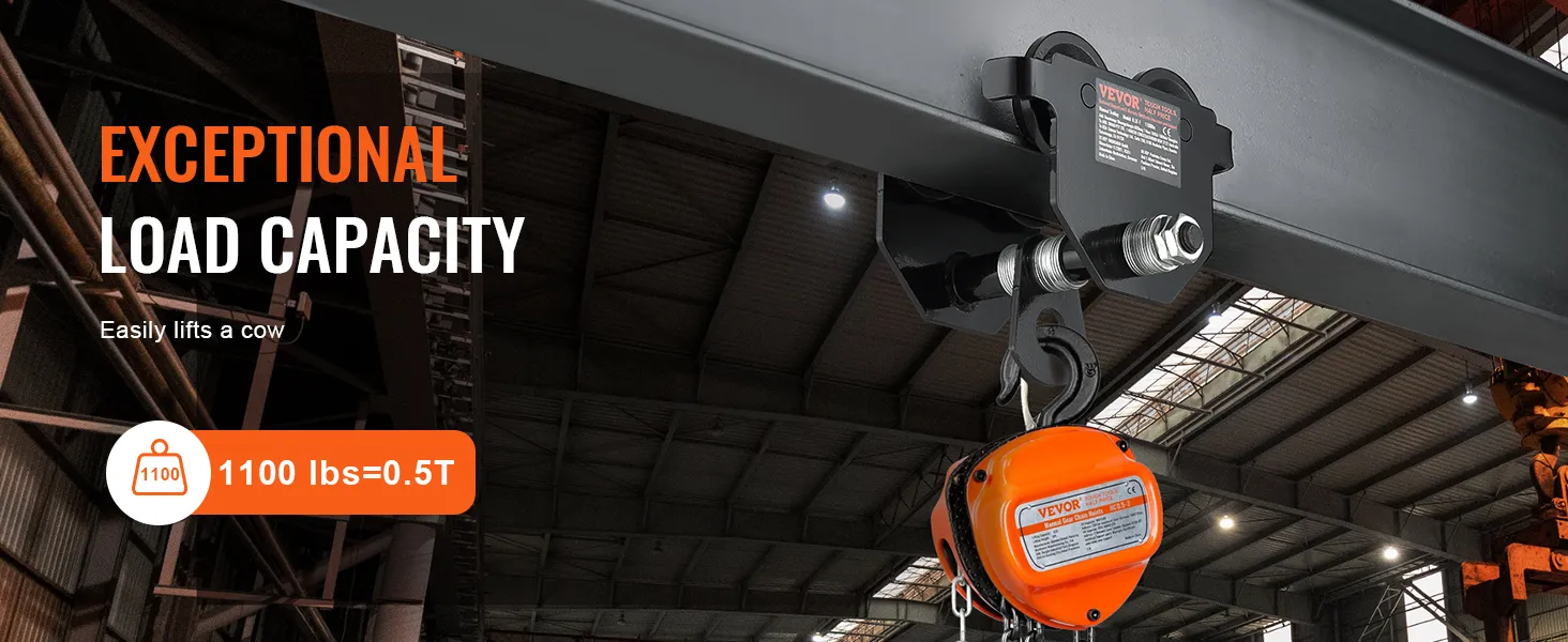 VEVOR manual trolley with 1100 lbs load capacity in an industrial warehouse.