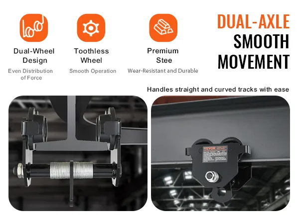 VEVOR manual trolley with dual-axle, smooth movement, and durable premium steel for straight and curved tracks.