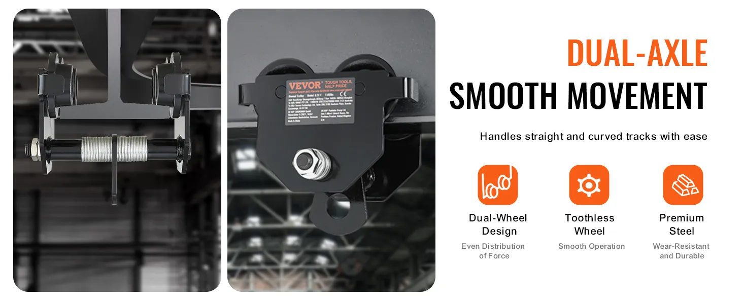 VEVOR manual trolley with dual-axle, smooth movement, and durable premium steel for straight and curved tracks.