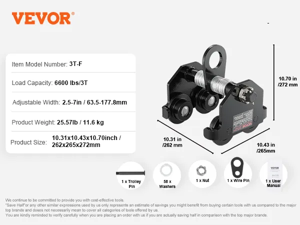 Carrello manuale VEVOR, modello 3t-f, capacità di carico 6600 libbre, larghezza regolabile 2,5-7 pollici, dimensioni 10,31x10,43x10,70 pollici.