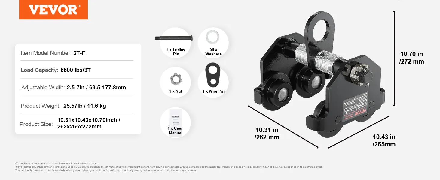 Carrello manuale VEVOR, modello 3t-f, capacità di carico 6600 libbre, larghezza regolabile 2,5-7 pollici, dimensioni 10,31x10,43x10,70 pollici.