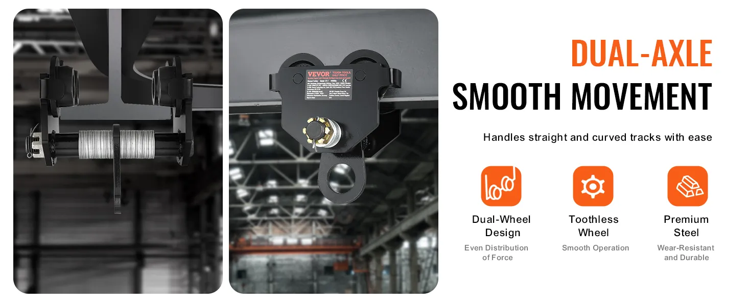 Carrello manuale VEVOR, design a doppio asse, movimento fluido, ruota senza denti, acciaio di alta qualità, ambiente industriale.
