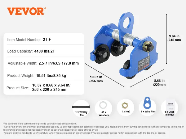VEVOR manual trolley, 4400lbs capacity, 2t-f model, adjustable width 2.5-7 in, product weight 19.51 lbs.