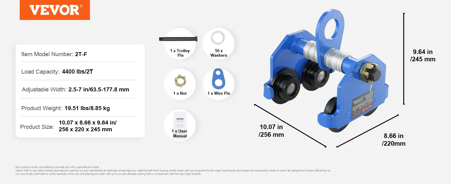 VEVOR manual trolley, 4400lbs capacity, 2t-f model, adjustable width 2.5-7 in, product weight 19.51 lbs.