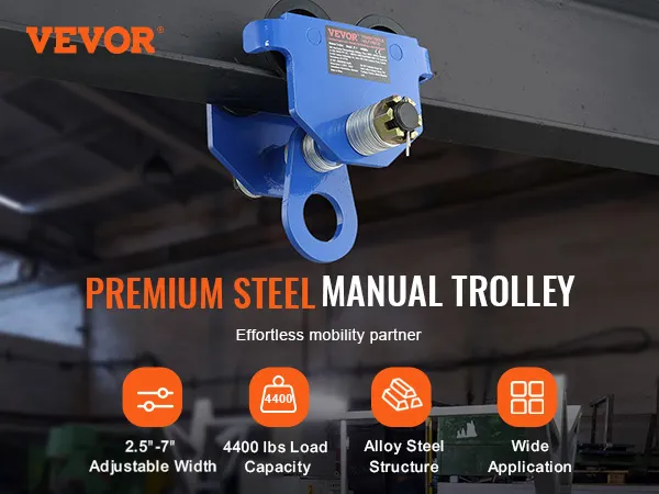 VEVOR manual trolley with adjustable width, 4400 lbs load capacity, alloy steel structure, wide application.