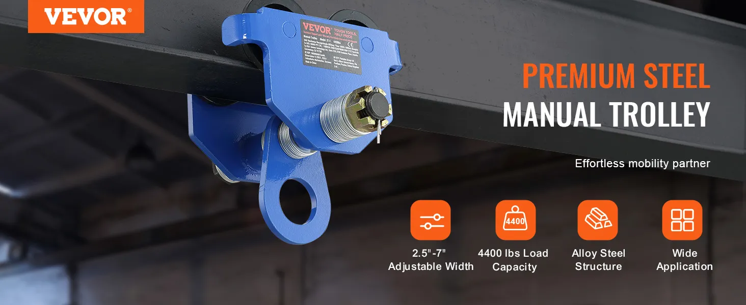 VEVOR manual trolley with adjustable width, 4400 lbs load capacity, alloy steel structure, wide application.