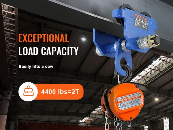 VEVOR manual trolley with 4400 lbs load capacity in an industrial setting.