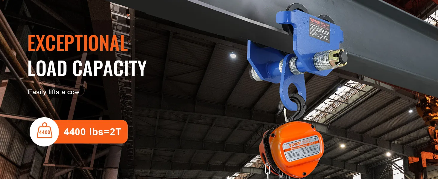 VEVOR manual trolley with 4400 lbs load capacity in an industrial setting.