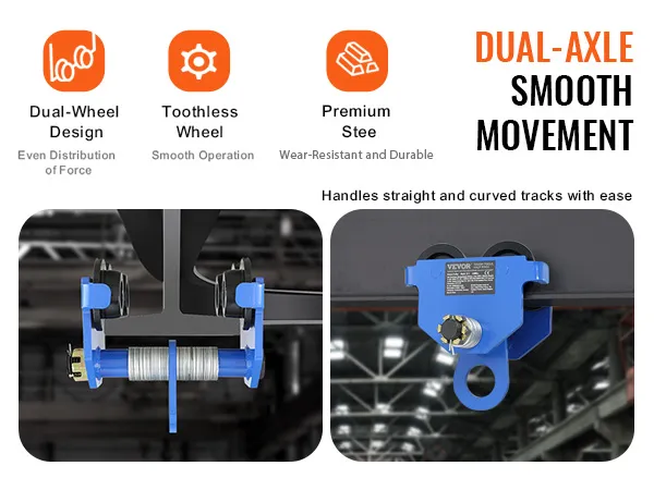 VEVOR manual trolley in blue on metal beam, dual-axle, smooth movement, premium steel, dual-wheel design.
