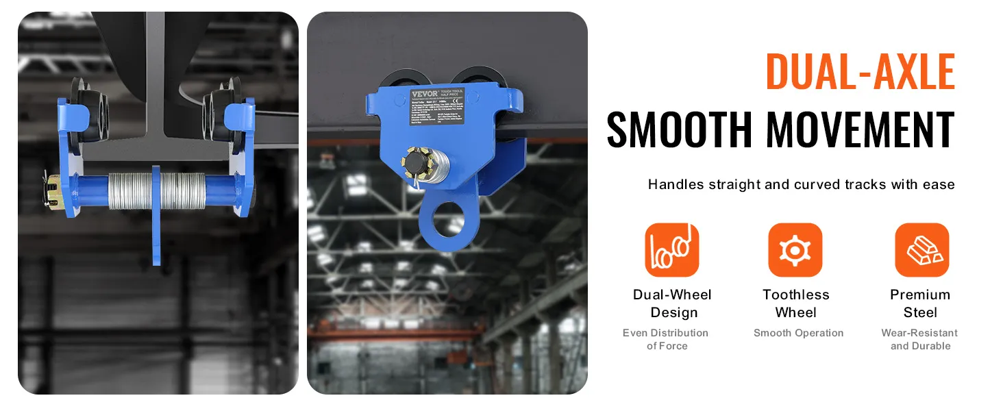 VEVOR manual trolley in blue on metal beam, dual-axle, smooth movement, premium steel, dual-wheel design.