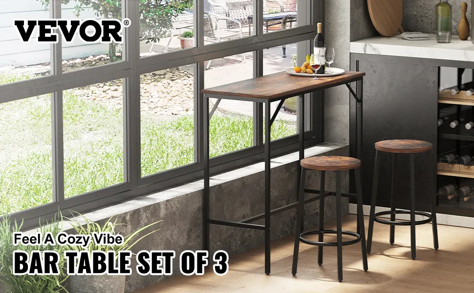 VEVOR pub table set for 3 next to a large window with green yard view, featuring stools and a countertop.