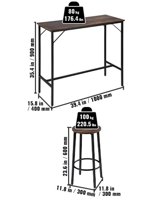 VEVOR pub table set with dimensions, weight capacities: table holds 80 kg, stool holds 100 kg.