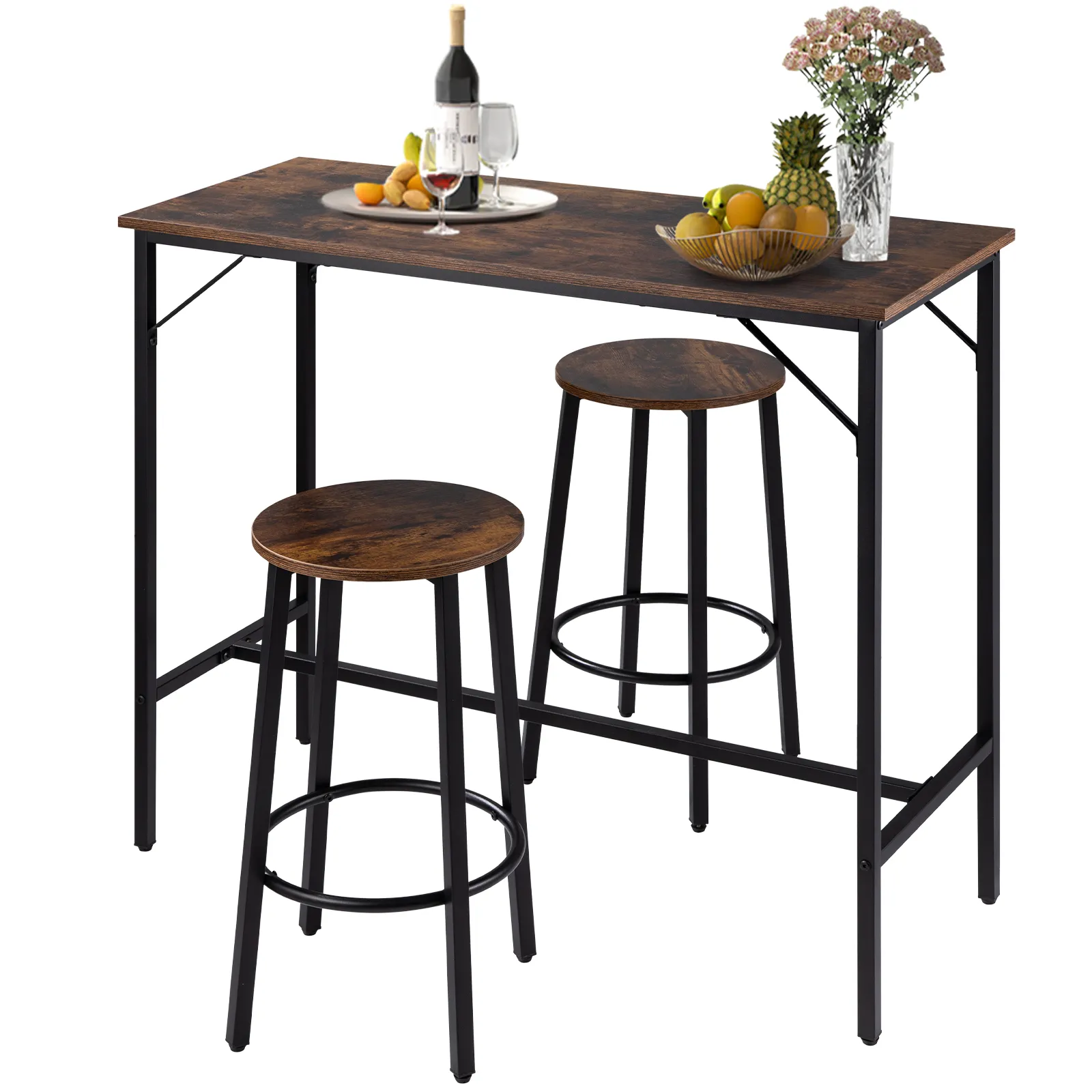 VEVOR pub table set with two stools, wine, fruit bowl, and floral vase on rustic tabletop.