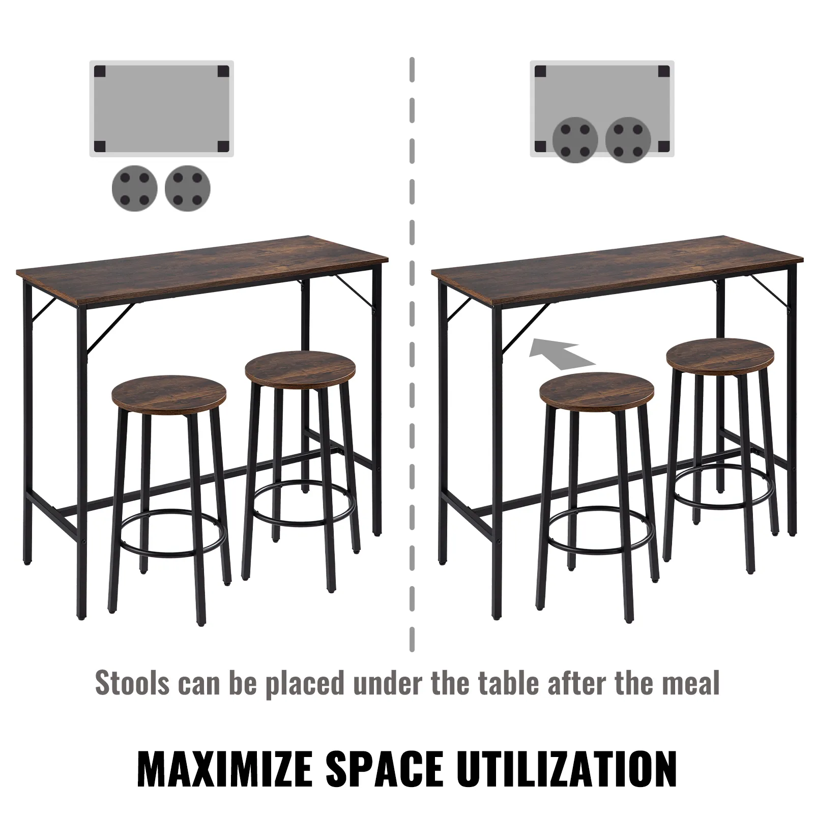 VEVOR pub table set with stools maximizing space utilization by fitting under the table.