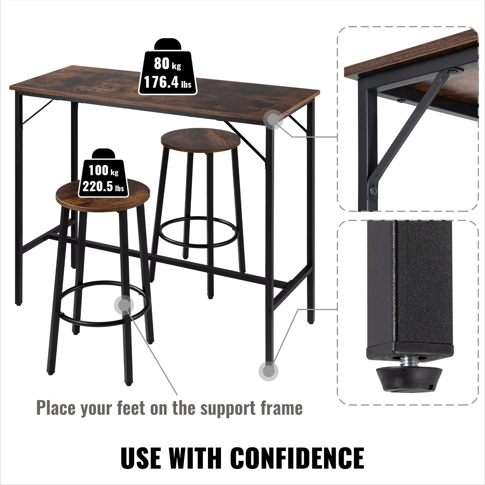 VEVOR pub table set with two stools, showing weight capacities and sturdy metal support frame details.