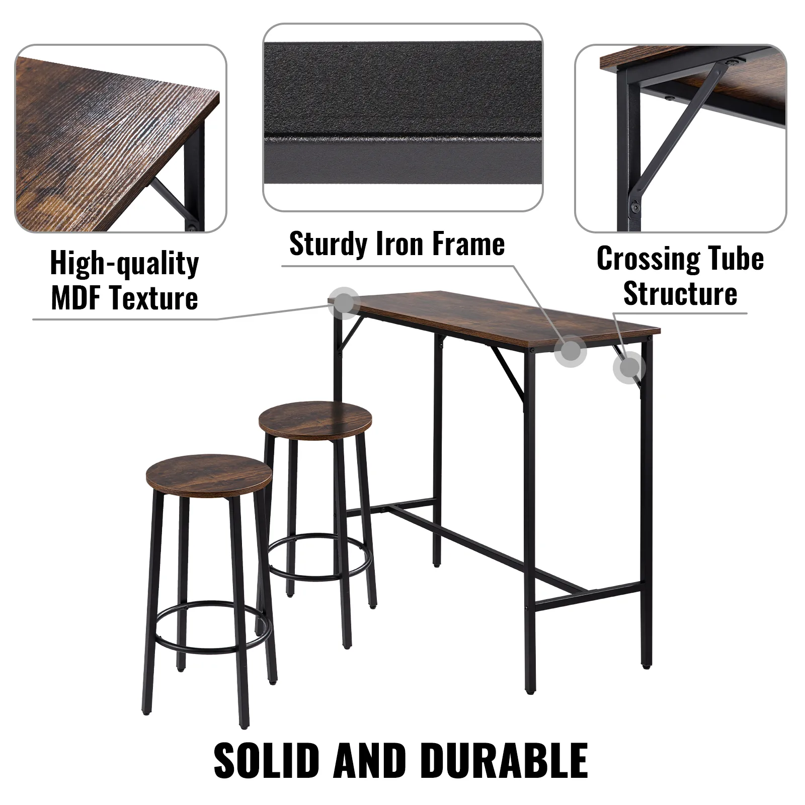 VEVOR pub table set with high-quality mdf texture, sturdy iron frame, and crossing tube structure.