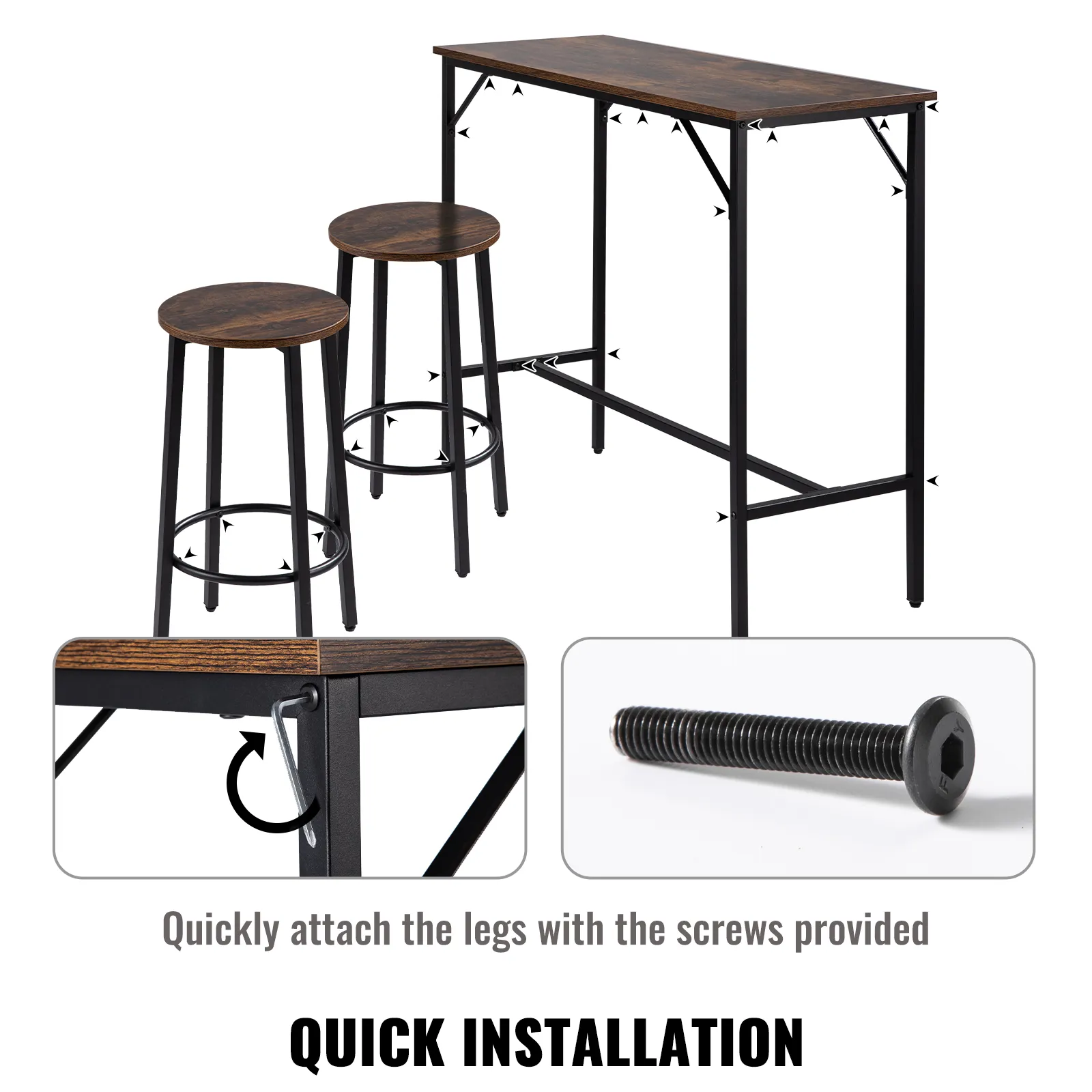 VEVOR pub table set with two stools, metal frame and wooden top. includes screws for quick installation.