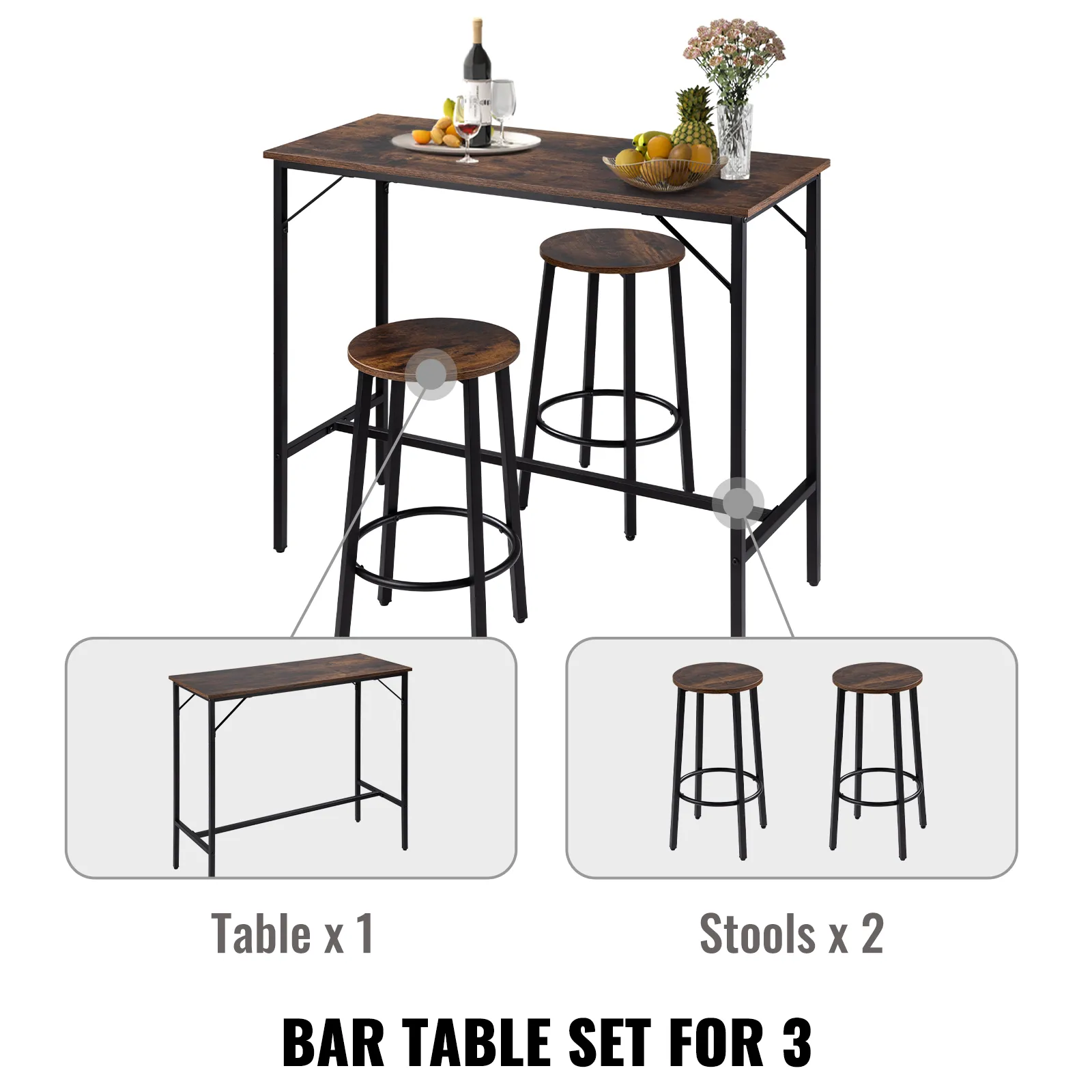 VEVOR pub table set for 3 with two stools and a table. wine, glasses, flowers, and fruits on table.
