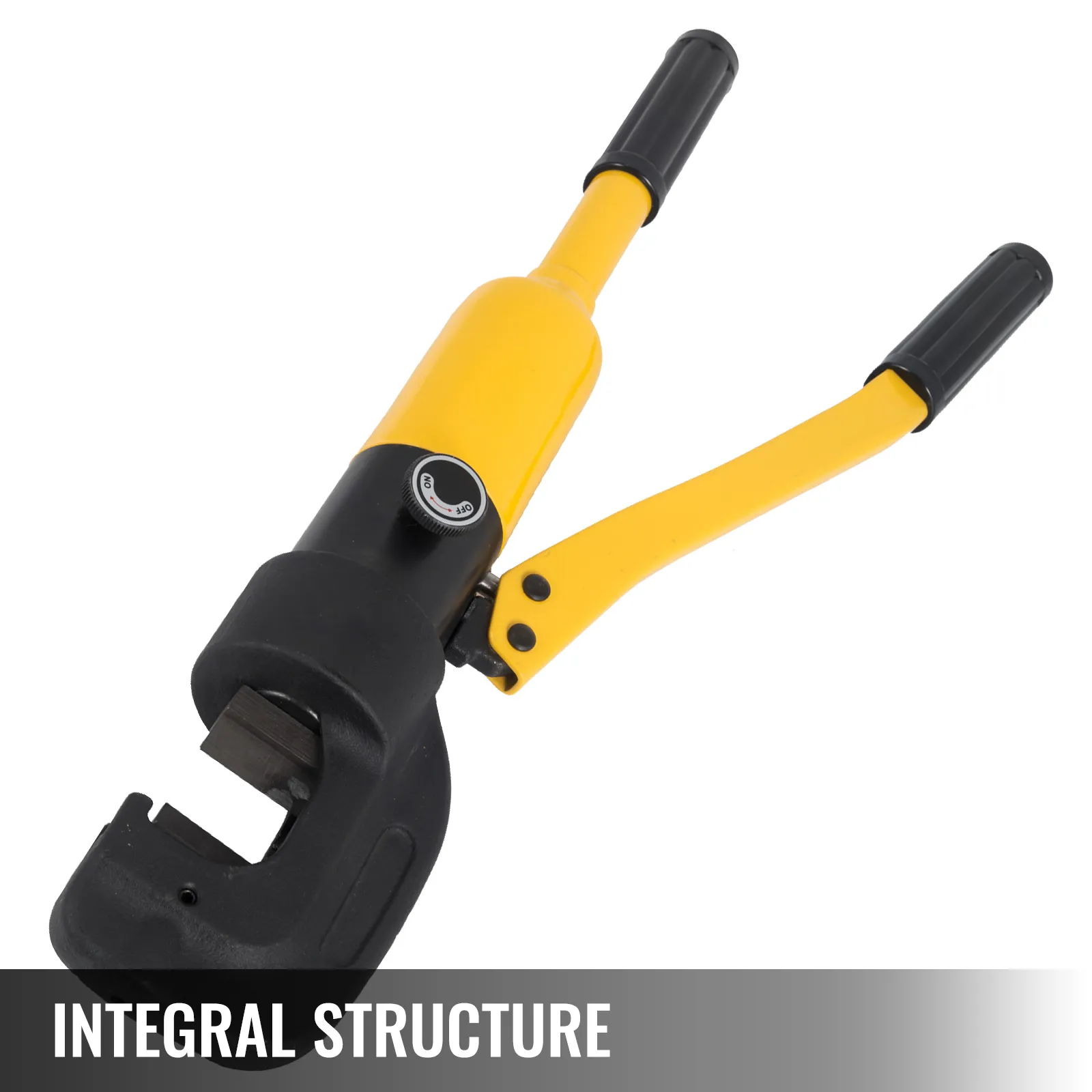 VEVOR hydraulic rebar cutter with a yellow handle and integral steel structure.